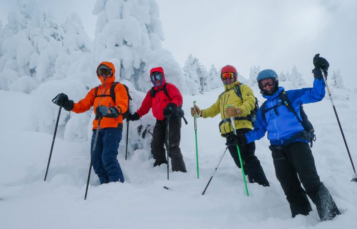 happy skiers in deep powder snow